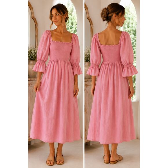 Petal and Pup Dresses & Skirts - Petal & Pup Pink Linen Smocked Puff Sleeve Maxi Dress S